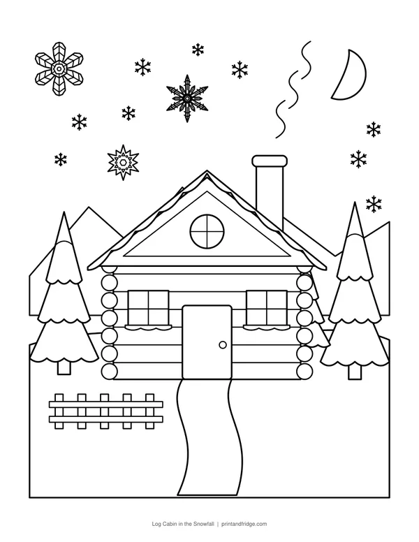 Log Cabin in the Snowfall printable coloring page