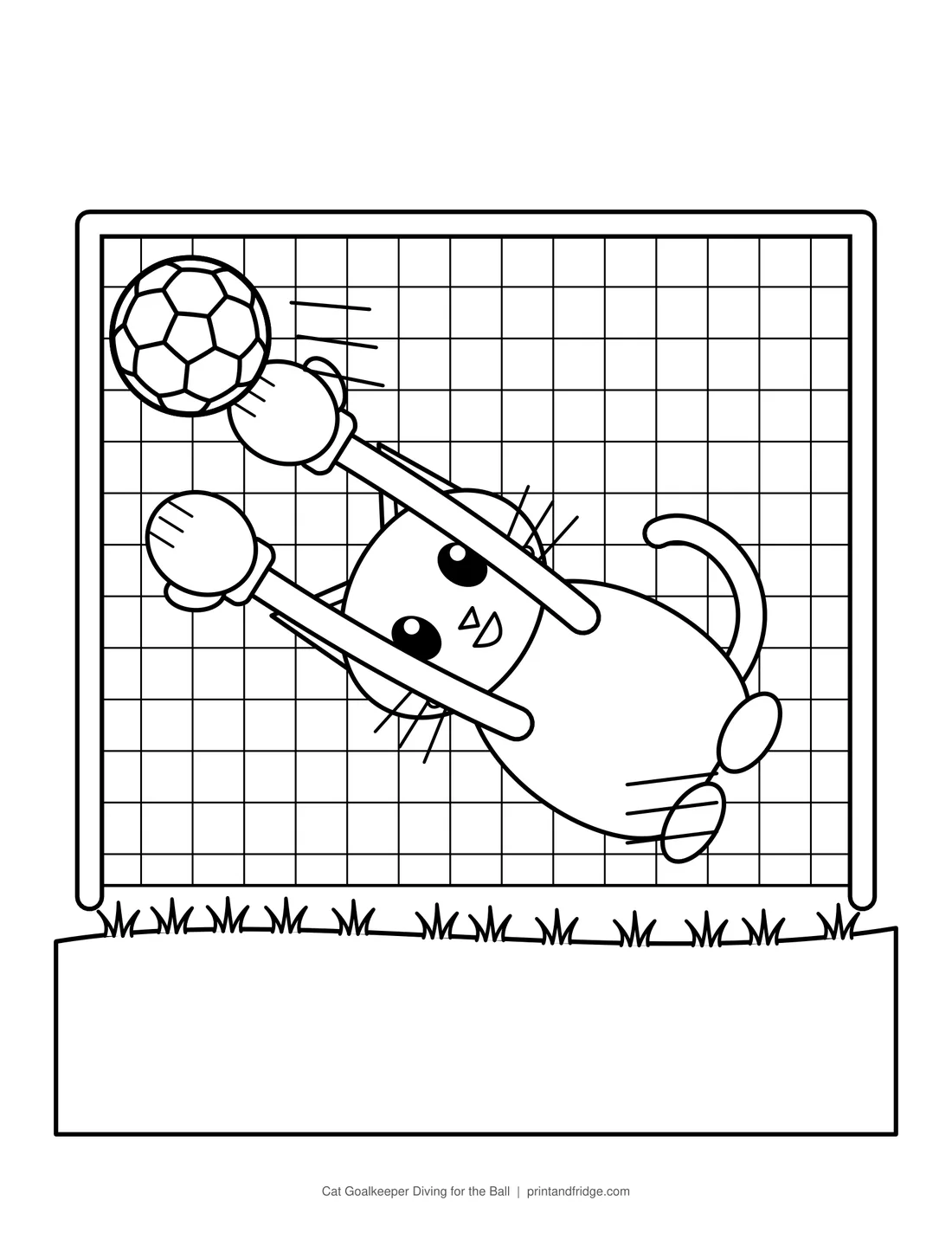 Cat Goalkeeper Diving for the Ball printable coloring page