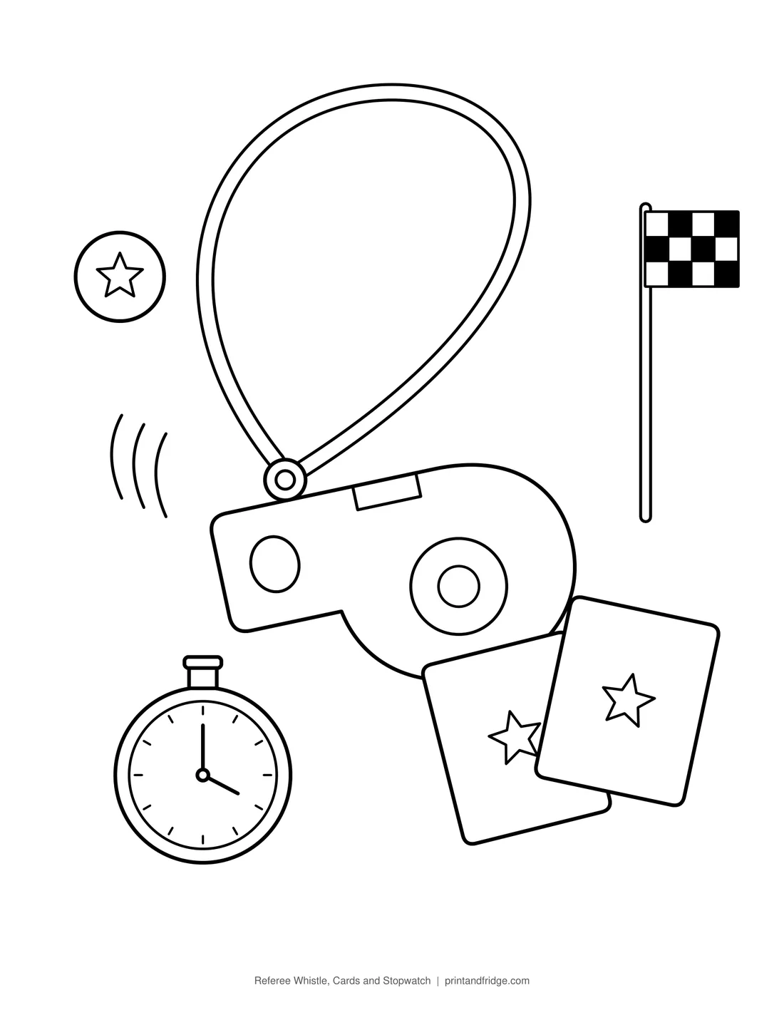 Referee Whistle, Cards and Stopwatch printable coloring page
