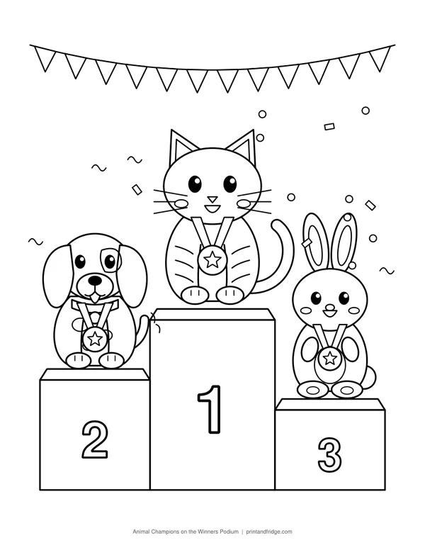 Animal Champions on the Winners Podium printable coloring page