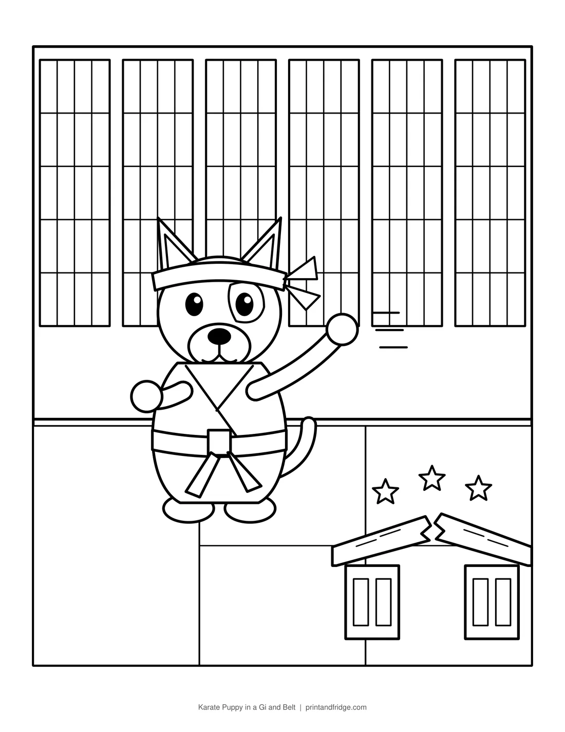 Karate Puppy in a Gi and Belt printable coloring page