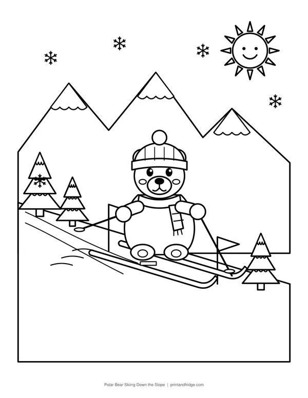 Polar Bear Skiing Down the Slope printable coloring page