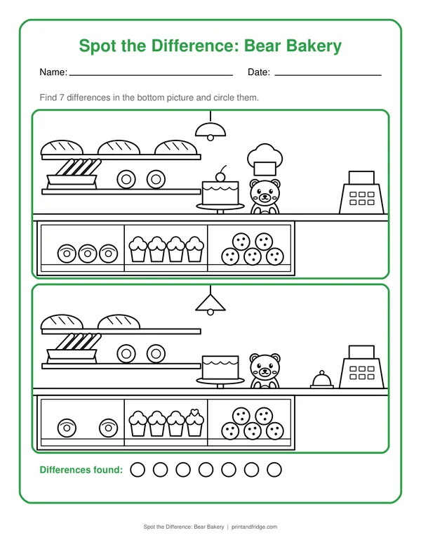 Spot the Difference: Bear Bakery printable worksheet