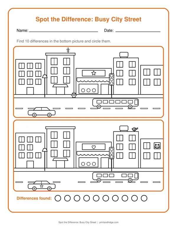 Spot the Difference: Busy City Street printable worksheet