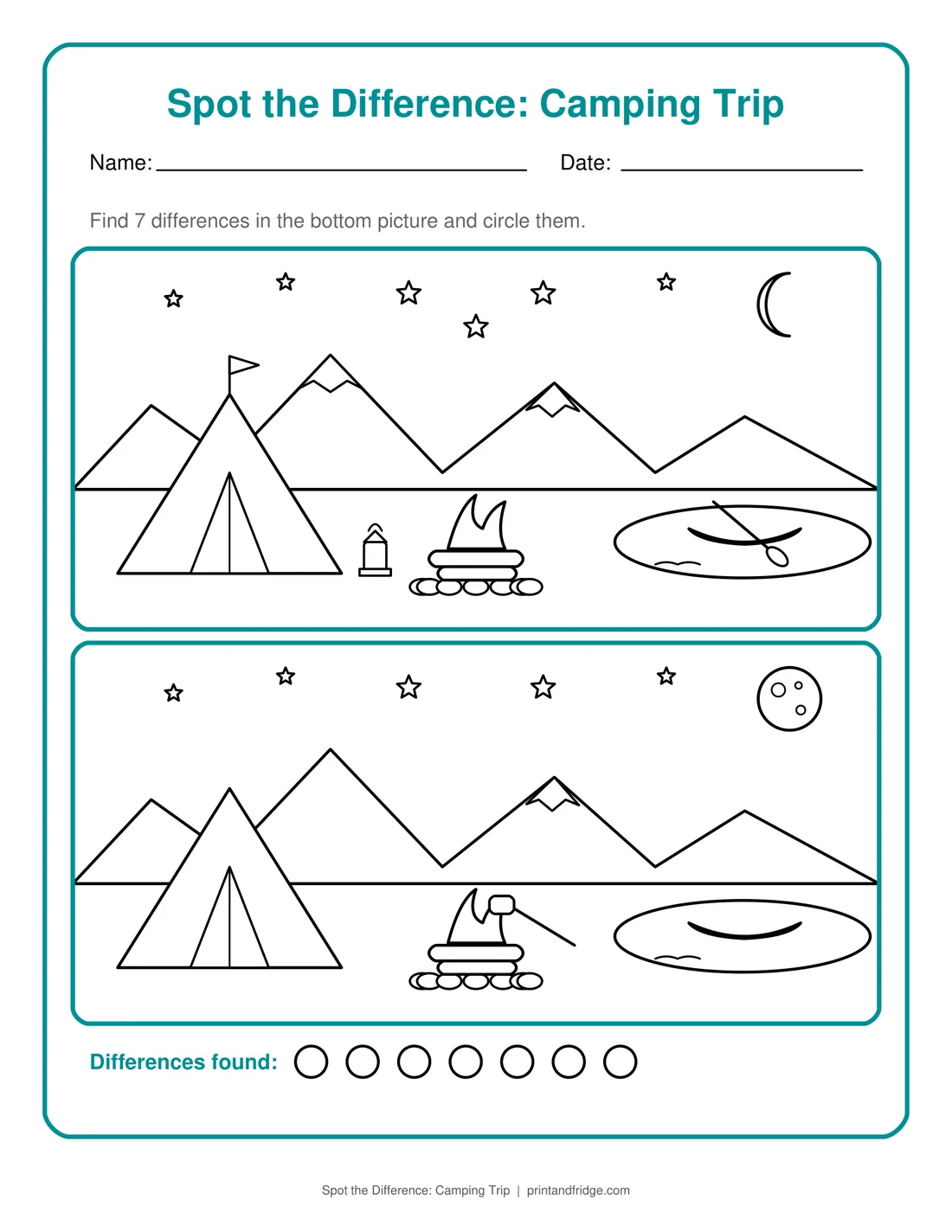 Spot the Difference: Camping Trip printable worksheet