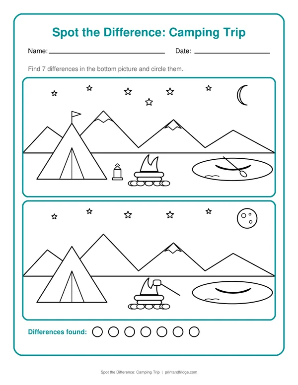 Spot the Difference: Camping Trip printable worksheet