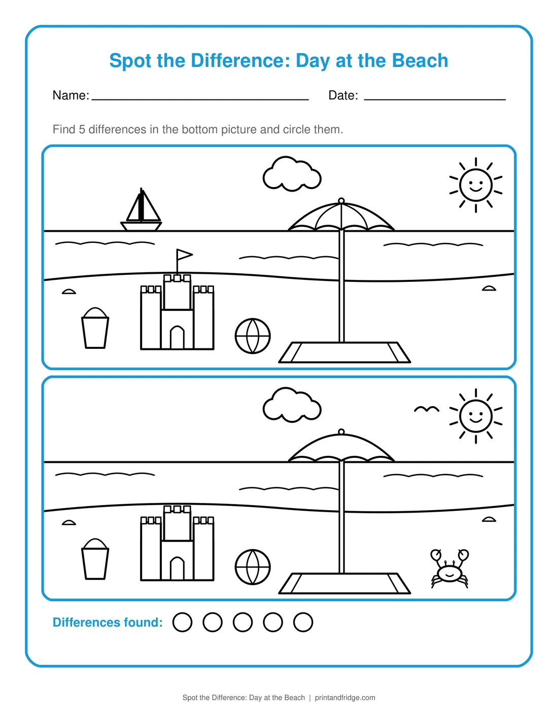 Spot the Difference: Day at the Beach printable worksheet