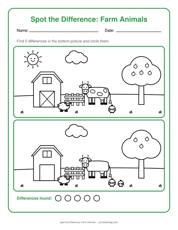 Spot the Difference: Farm Animals printable worksheet