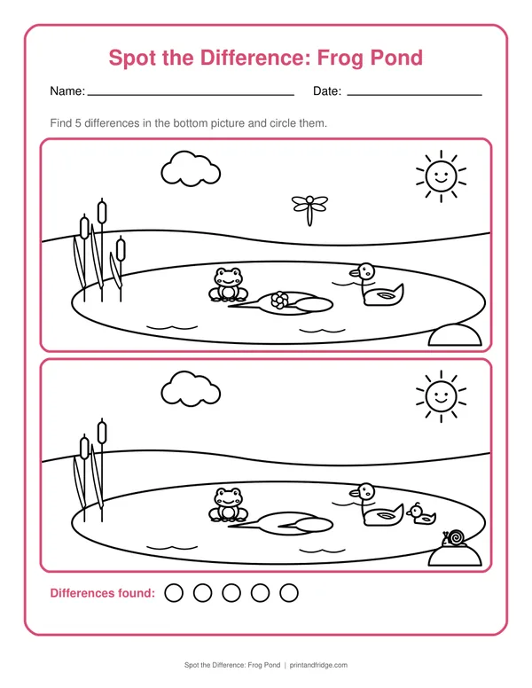 Spot the Difference: Frog Pond printable worksheet