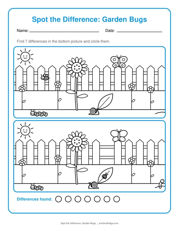 Spot the Difference: Garden Bugs printable worksheet