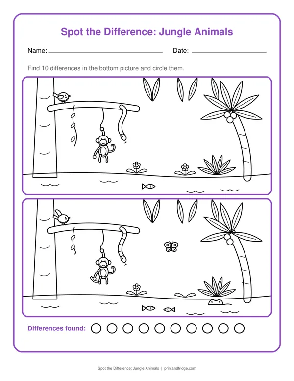 Spot the Difference: Jungle Animals printable worksheet