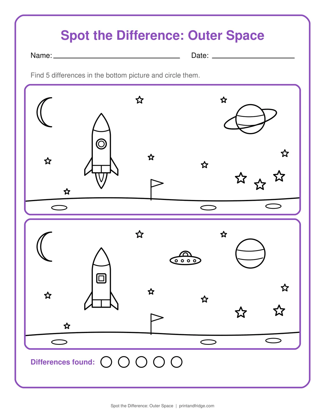 Spot the Difference: Outer Space printable worksheet