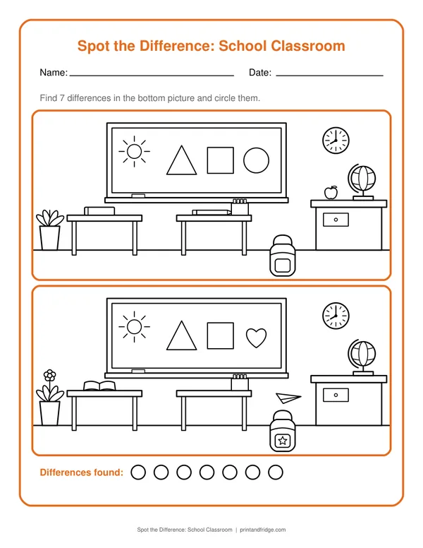 Spot the Difference: School Classroom printable worksheet