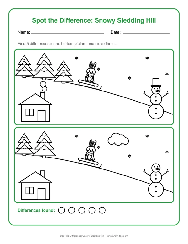 Spot the Difference: Snowy Sledding Hill printable worksheet