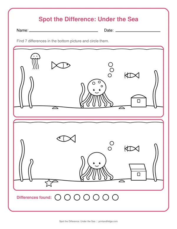Spot the Difference: Under the Sea printable worksheet