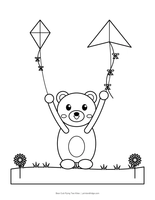 Bear Cub Flying Two Kites printable coloring page