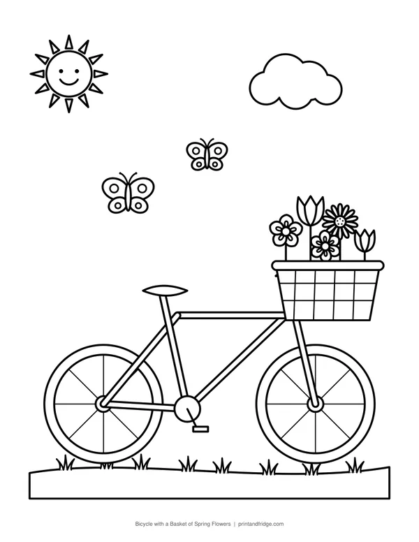 Bicycle with a Basket of Spring Flowers printable coloring page