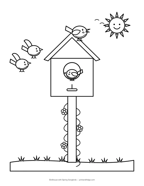 Birdhouse with Spring Songbirds printable coloring page