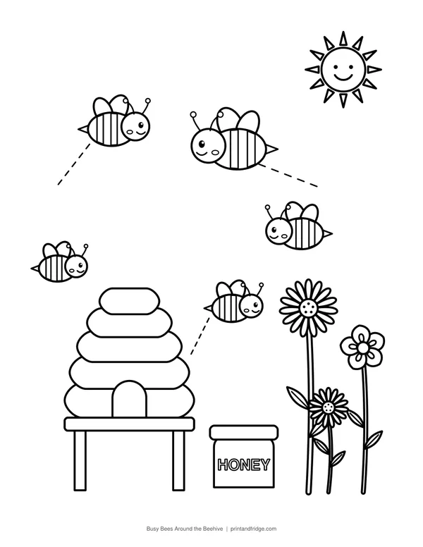 Busy Bees Around the Beehive printable coloring page