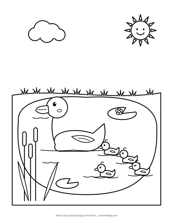 Mother Duck and Ducklings in the Pond printable coloring page