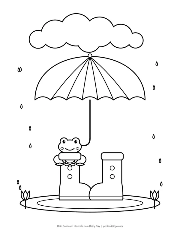 Rain Boots and Umbrella on a Rainy Day printable coloring page