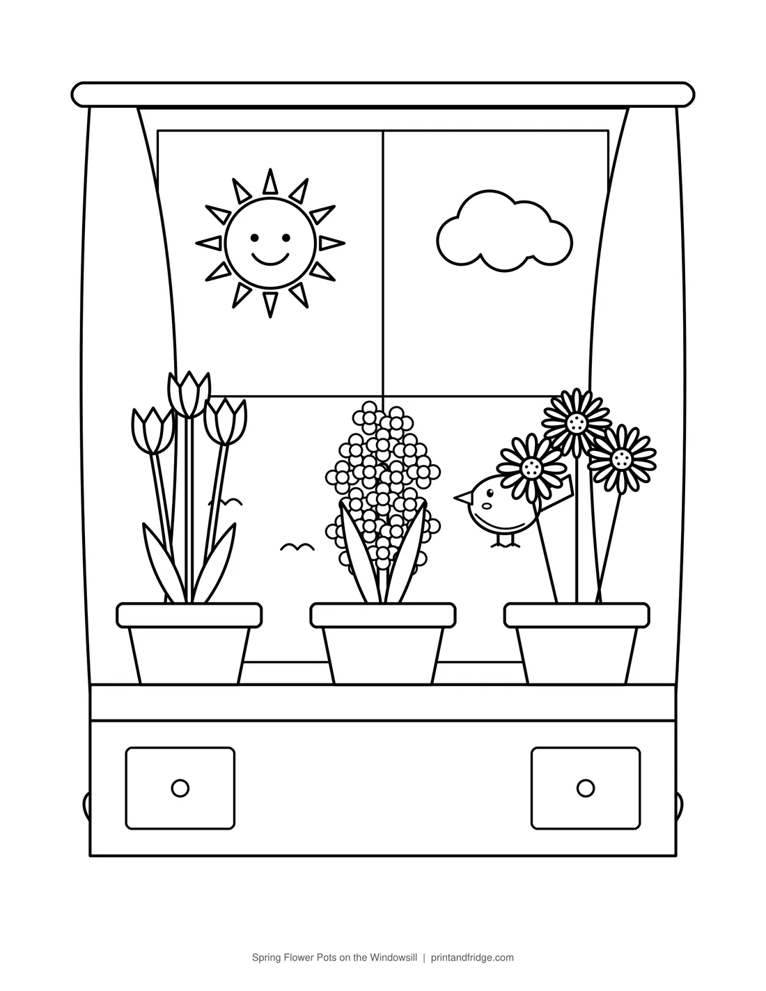 Spring Flower Pots on the Windowsill printable coloring page
