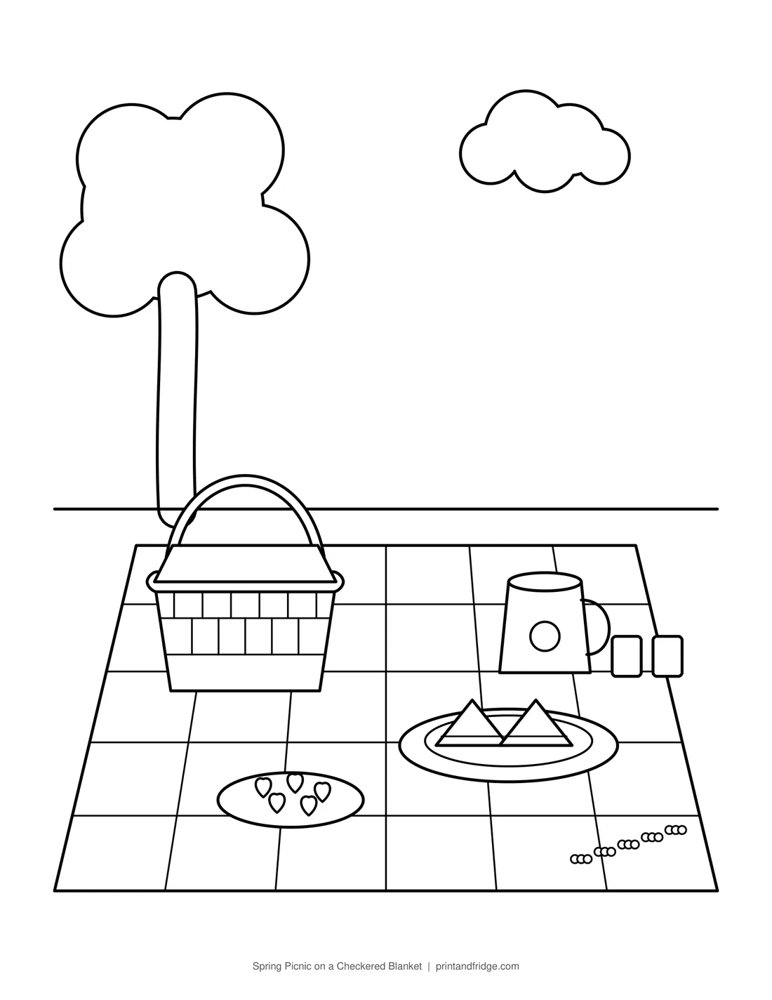 Spring Picnic on a Checkered Blanket printable coloring page