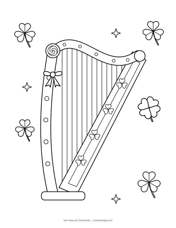Irish Harp with Shamrocks printable coloring page