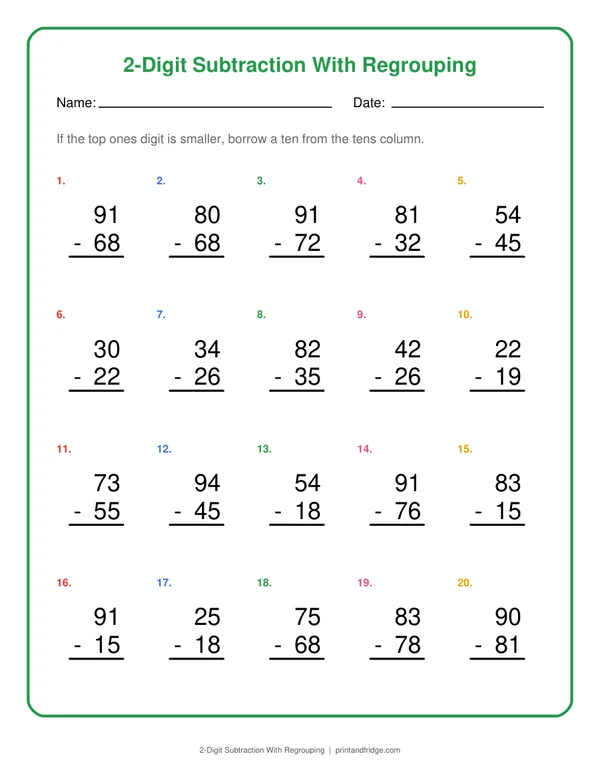 2-Digit Subtraction With Regrouping printable worksheet