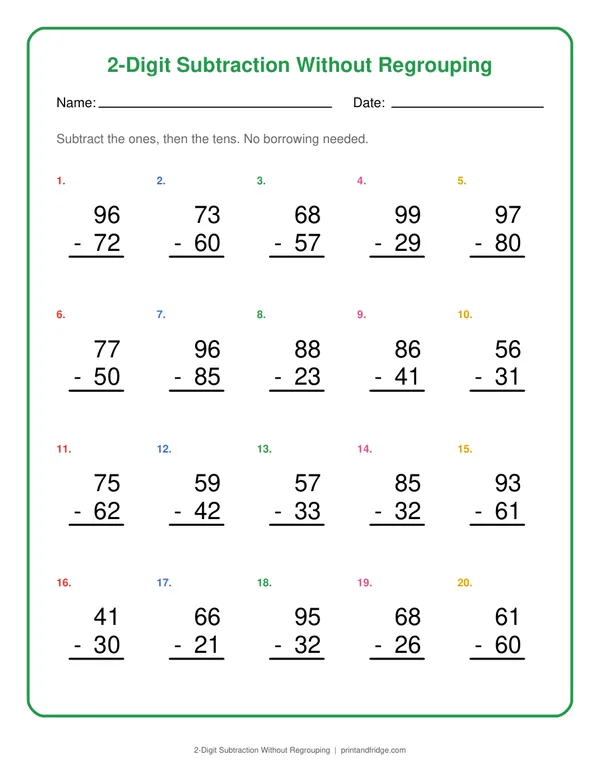 2-Digit Subtraction Without Regrouping printable worksheet