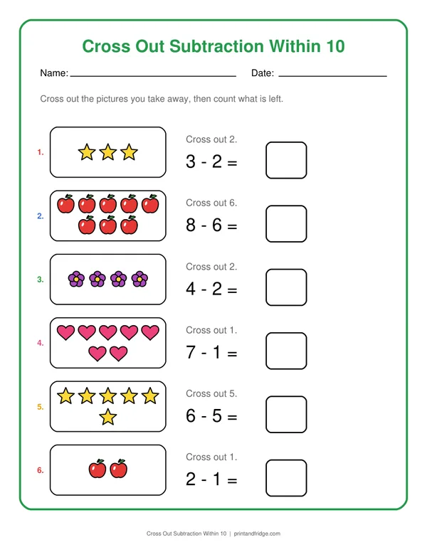 Cross Out Subtraction Within 10 printable worksheet