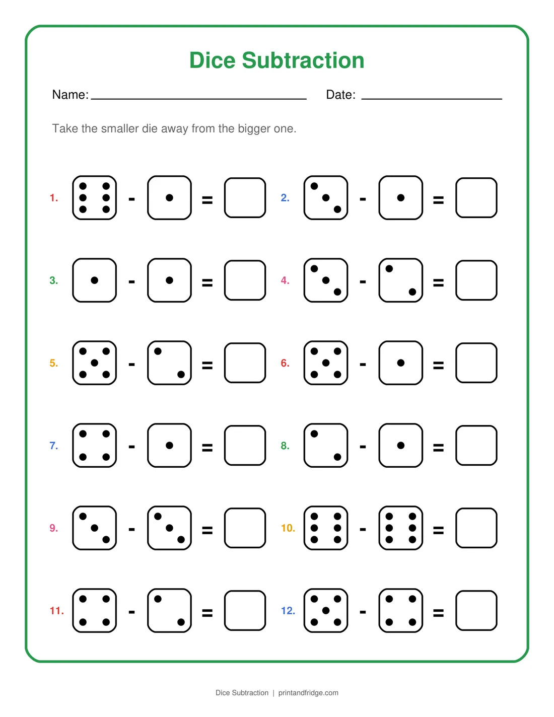 Dice Subtraction printable worksheet