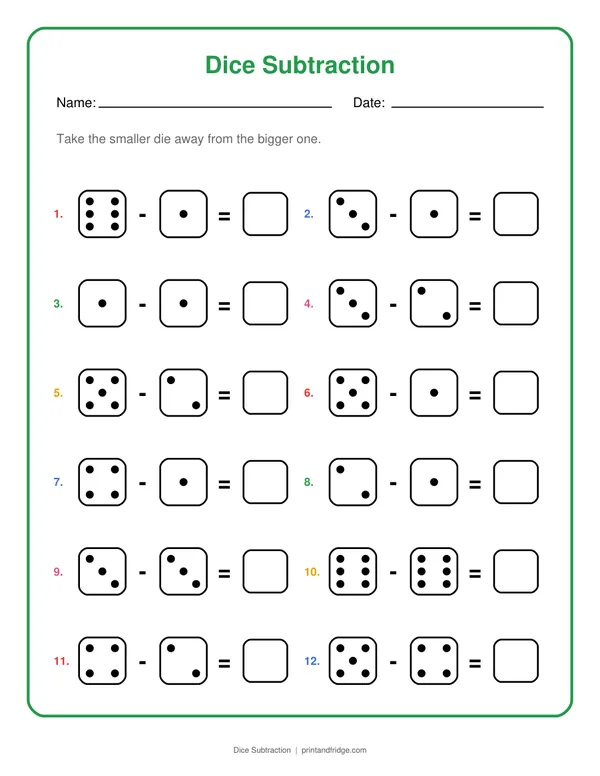 Dice Subtraction printable worksheet