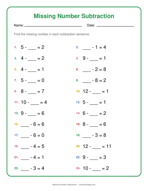 Missing Number Subtraction printable worksheet