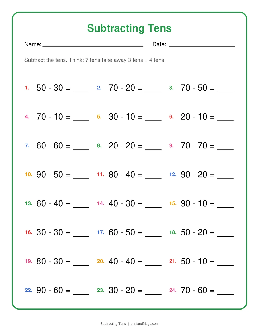 Subtracting Tens printable worksheet