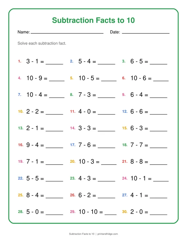 Subtraction Facts to 10 printable worksheet