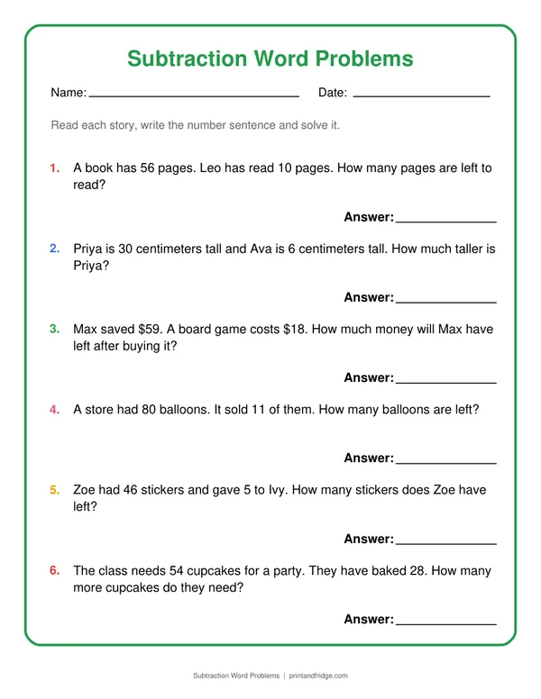 Subtraction Word Problems printable worksheet
