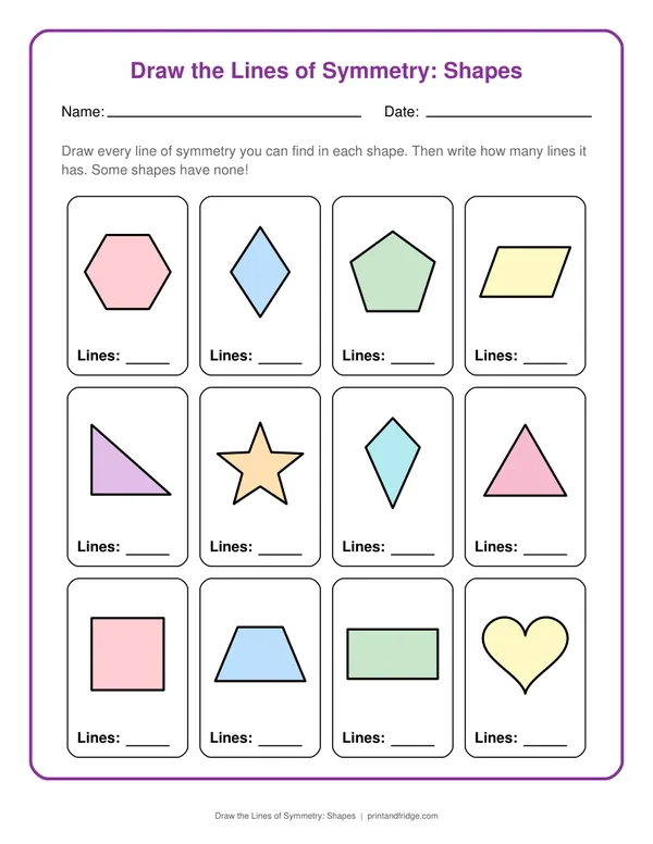 Draw the Lines of Symmetry: Shapes printable worksheet