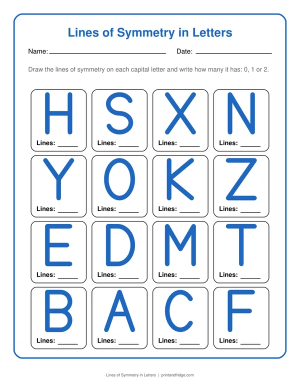 Lines of Symmetry in Letters printable worksheet