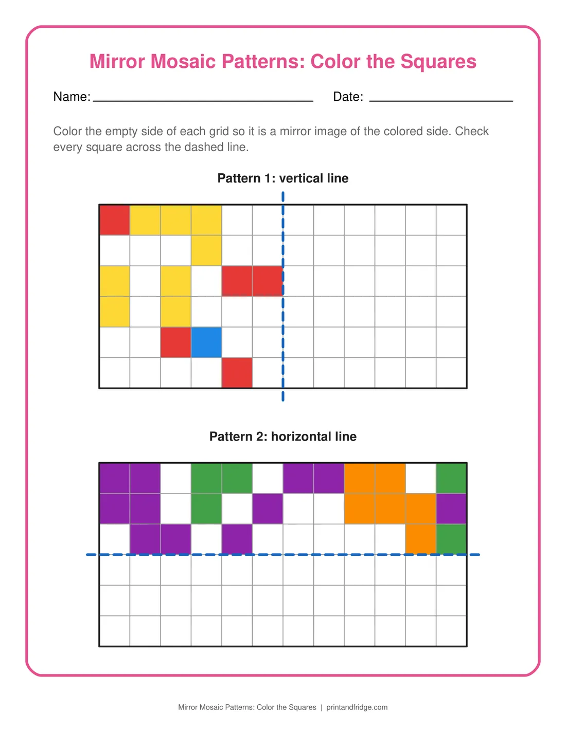 Mirror Mosaic Patterns: Color the Squares printable worksheet