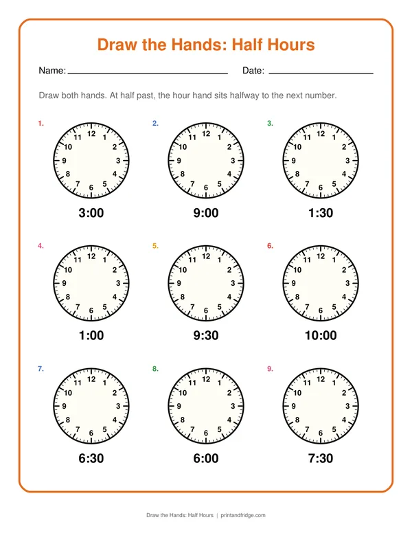 Draw the Hands: Half Hours printable worksheet