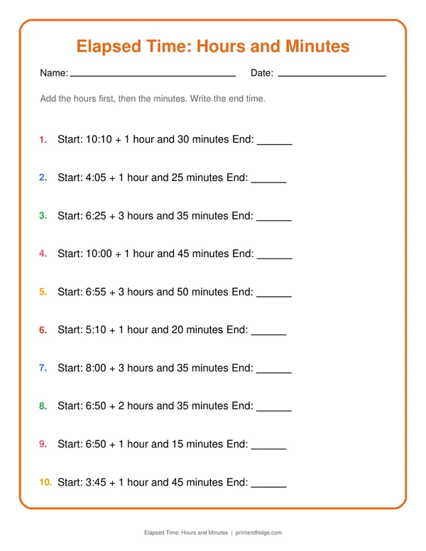 Elapsed Time: Hours and Minutes printable worksheet