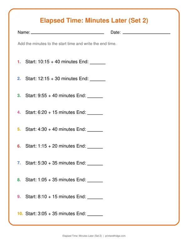 Elapsed Time: Minutes Later (Set 2) printable worksheet