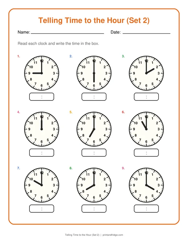 Telling Time to the Hour (Set 2) printable worksheet