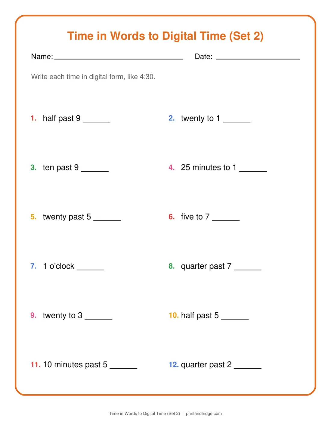 Time in Words to Digital Time (Set 2) printable worksheet