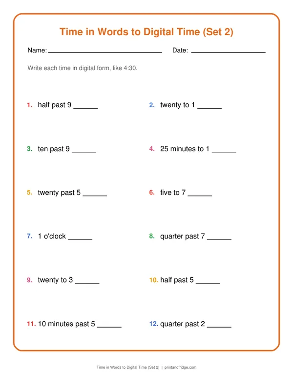 Time in Words to Digital Time (Set 2) printable worksheet