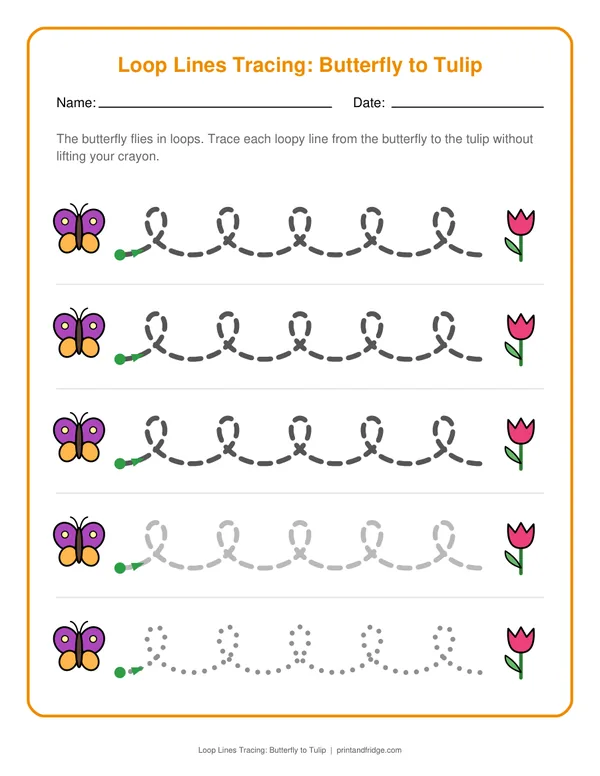 Loop Lines Tracing: Butterfly to Tulip printable worksheet