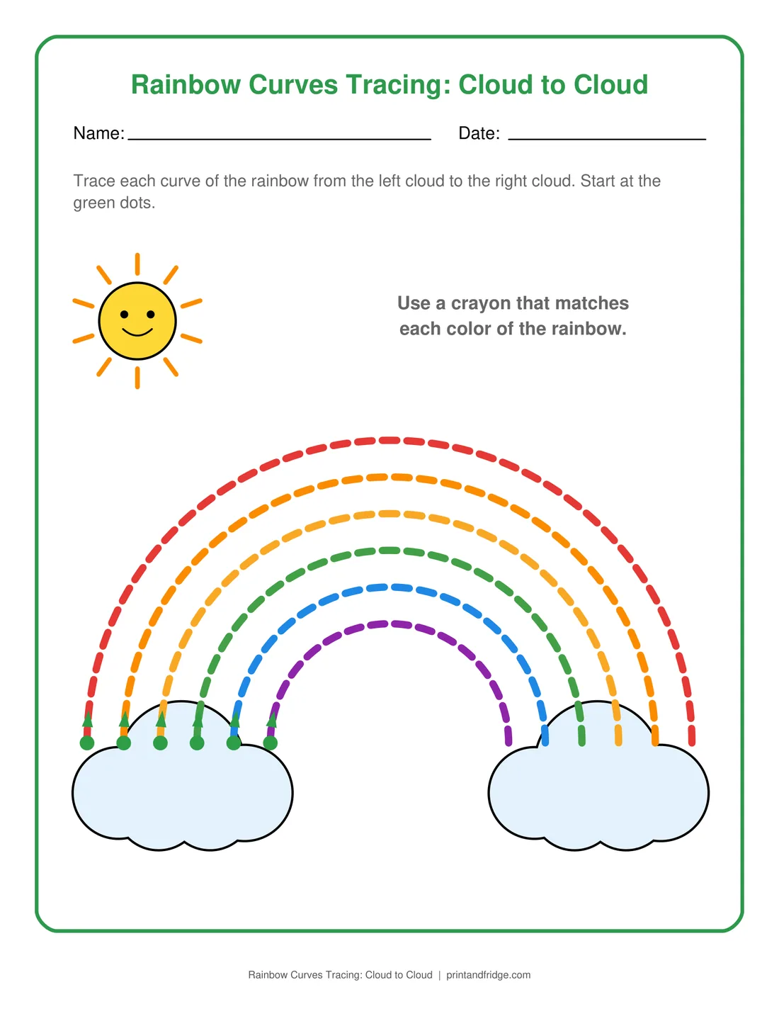 Rainbow Curves Tracing: Cloud to Cloud printable worksheet