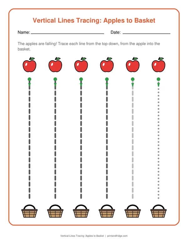 Vertical Lines Tracing: Apples to Basket printable worksheet