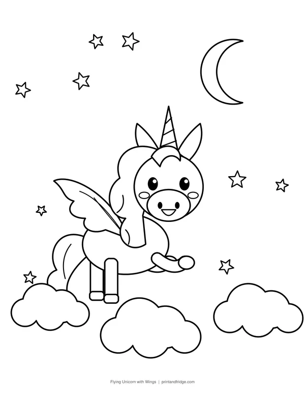 Flying Unicorn with Wings printable coloring page